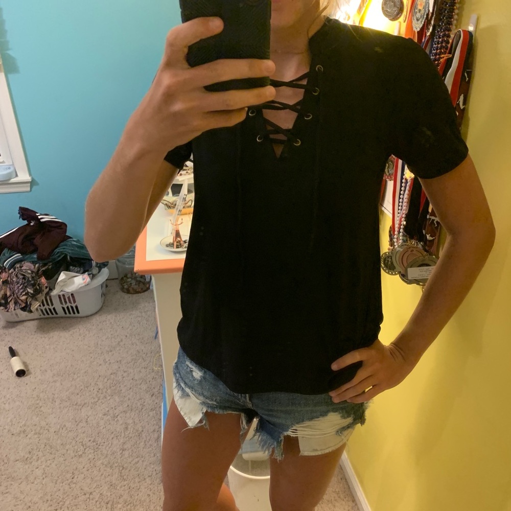 Bevello Lace Up Black Suede Top